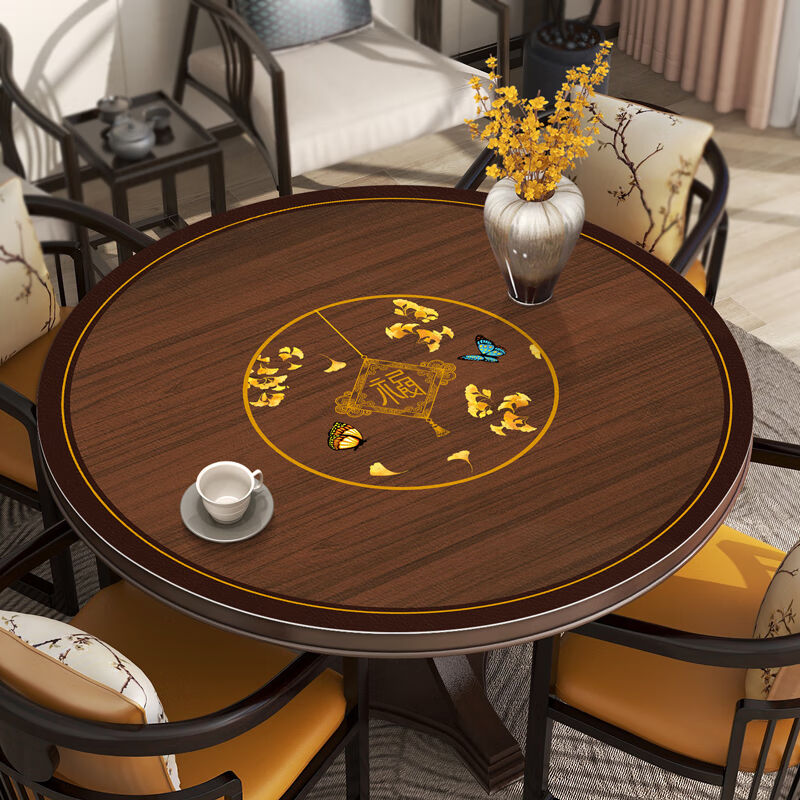 南柯一梦新中式实木大圆桌桌布圆形双层餐桌带转盘桌垫防水防油免