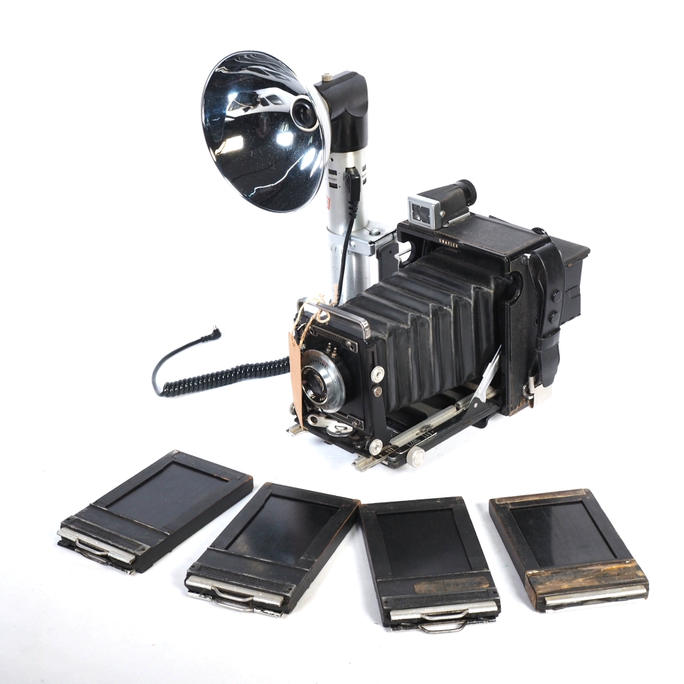 民国老上海1940s古董格莱菲Graflex冒烟镁丝灯泡闪光皮腔折叠相机