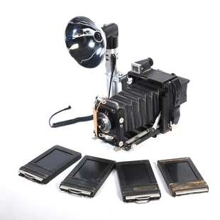 民国老上海1940s古董格莱菲Graflex冒烟镁丝灯泡闪光皮腔折叠相机