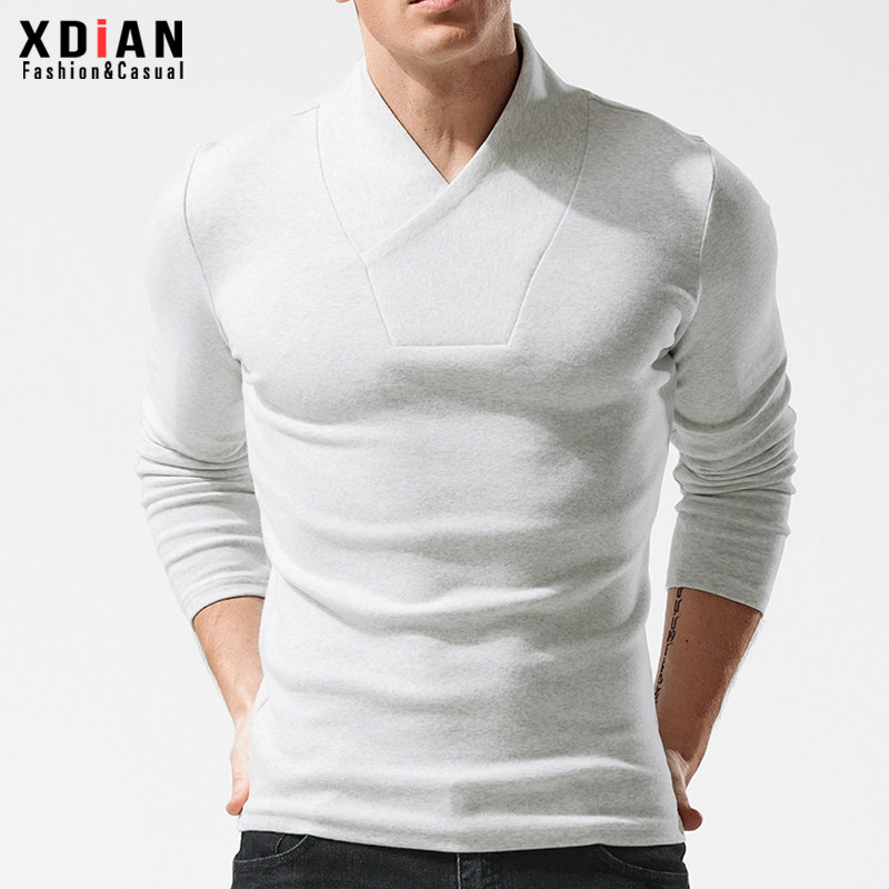 男士长袖t恤纯棉V领打底衫修身上衣春秋季薄款中国风复古男装秋衣