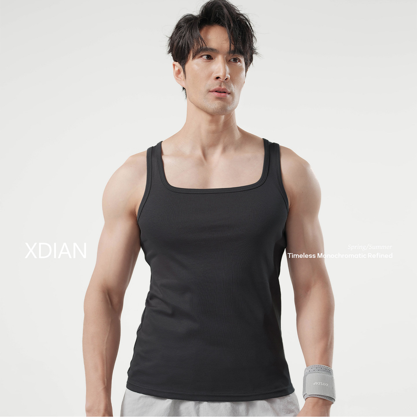 续点方领背心男夏季凉感纯棉无袖运动坎肩紧身修身内搭打底汗背心