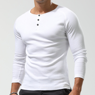 美式复古亨利衫男士长袖t恤重磅紧身修身纯棉欧美潮流打底衫秋季