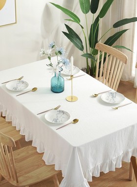 白色欧式简约水洗褶皱棉荷花边桌布台布酒店家用方形装饰布艺盖巾