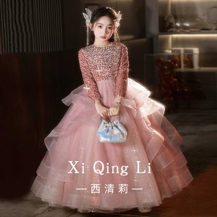 出租女童晚礼服高端秋冬长袖儿童主持人礼服钢琴演奏生日party裙