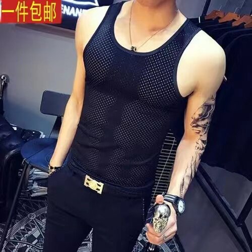 男士背心镂空网眼无袖t恤紧身修身型健身运动打底坎肩透气汗衫潮