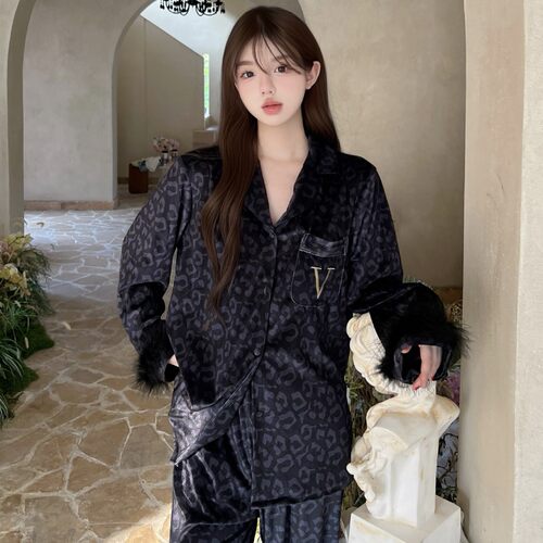 源头厂货秋季新款睡衣女金丝绒羽毛豹纹字母女士高级感家居服