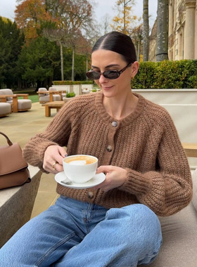 清仓不退换 Sez@ne安可拉红羊驼毛粗针灯笼袖开衫法式复古冬季