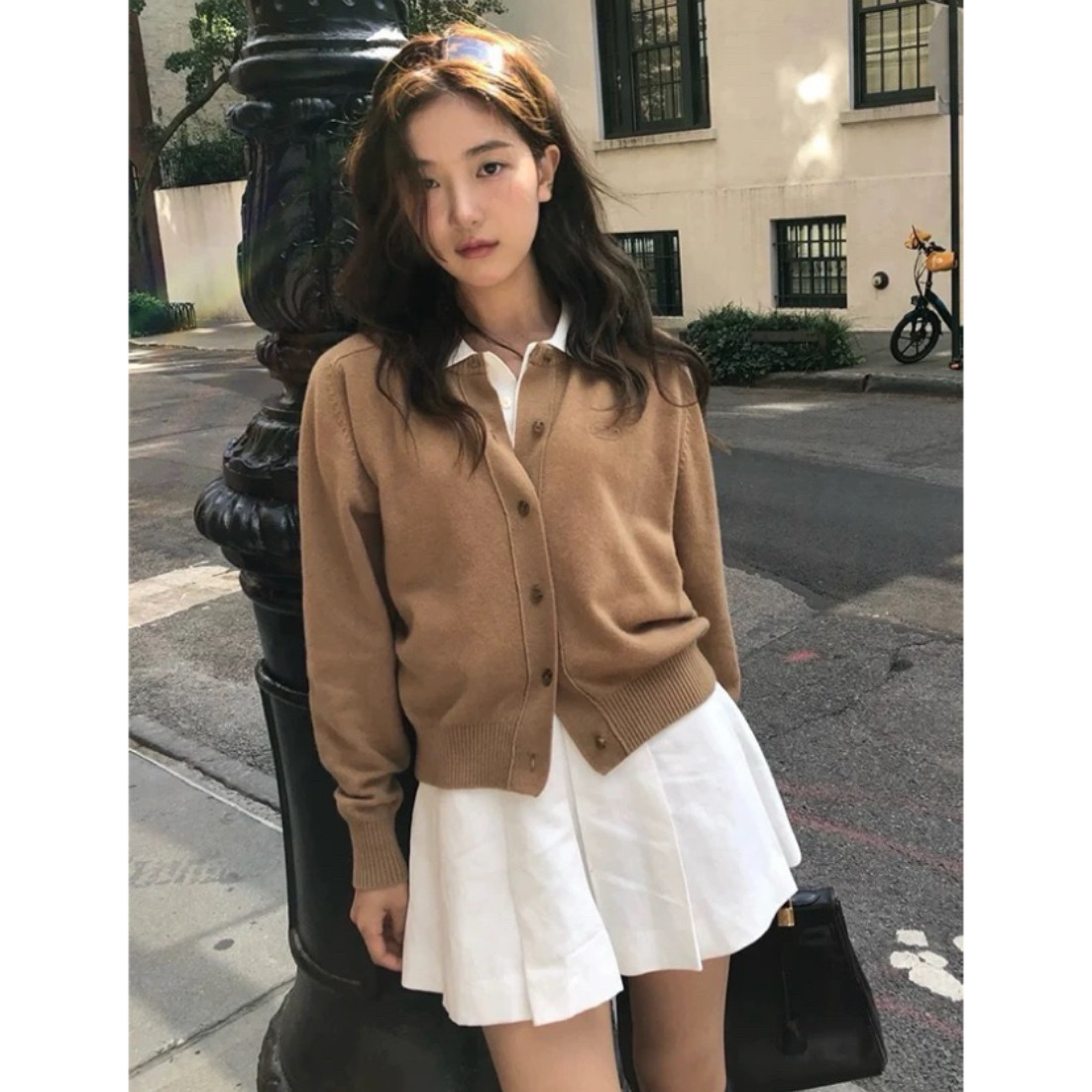 moreless 八奶秋冬新款驼色刺绣针织开衫女宽松叠搭毛衣外套上衣