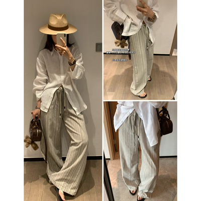 度假风色织条纹亚麻裤直筒阔腿裤