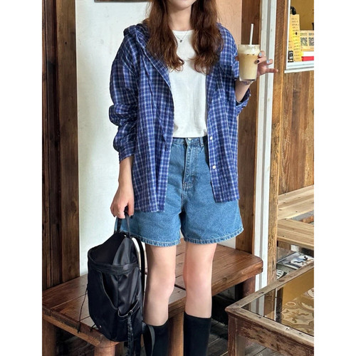 clean小众设计纯棉格子连帽衬衣