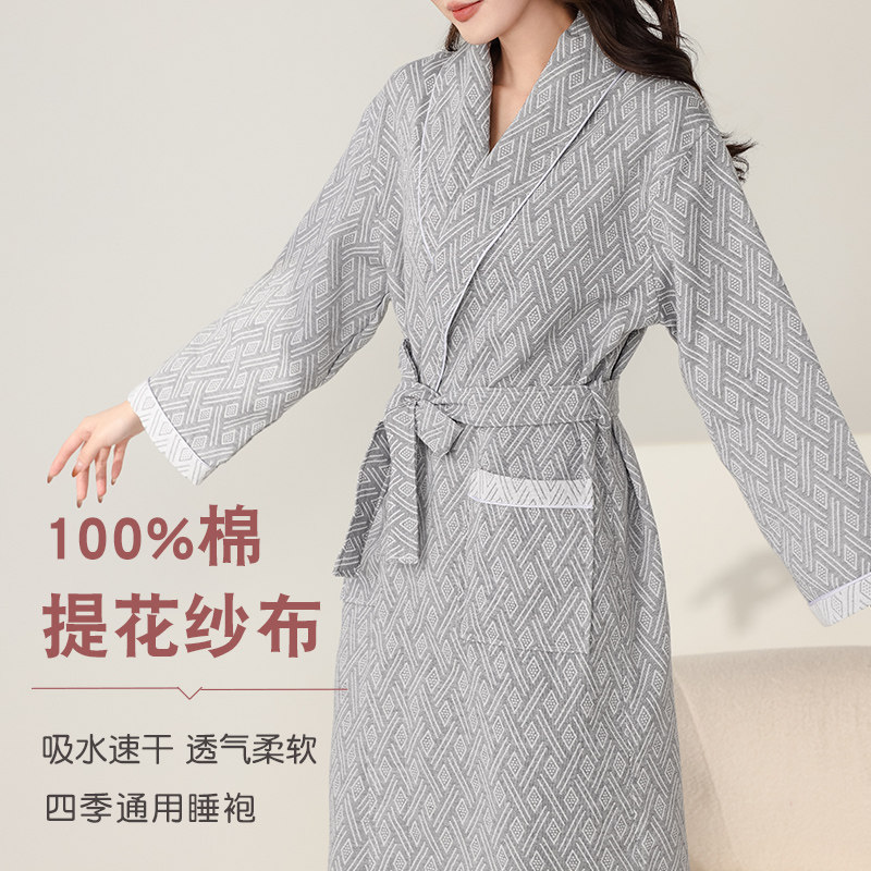 睡袍女士夏季纯棉纱布酒店美容院薄款宽松成人春秋浴袍家居服睡衣