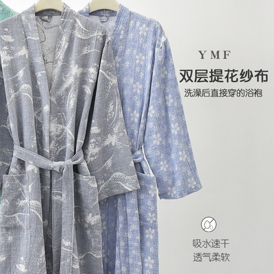 男士睡袍春夏款纯棉纱布洗澡浴衣中国风吸水速干女士夏季长款浴袍