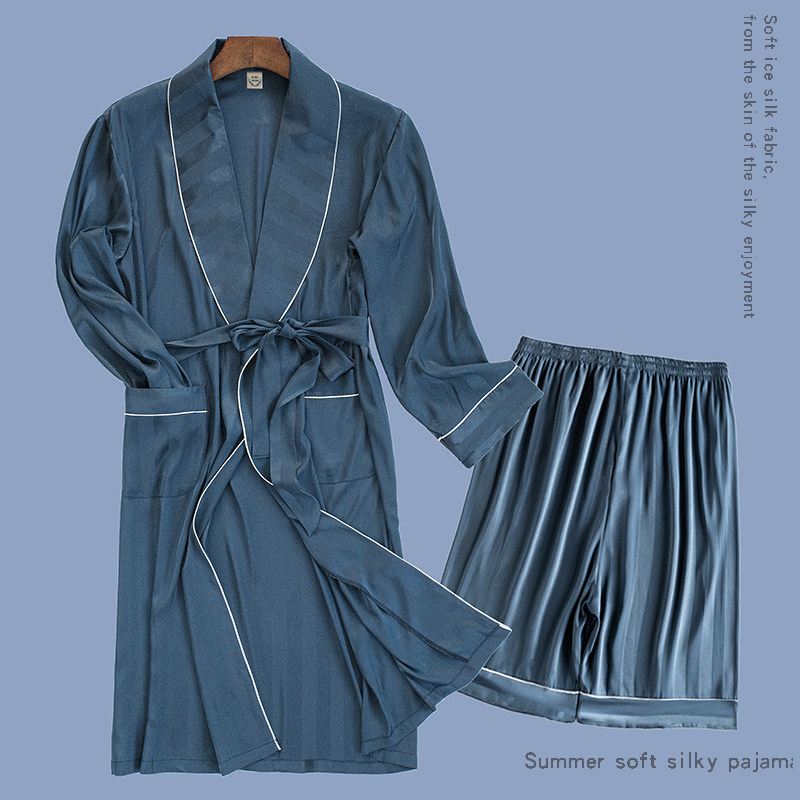 浴袍男夏季仿真丝稠睡衣冰丝薄款夏短裤套装浴衣长款夏天睡袍男士
