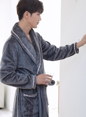 睡衣男浴袍秋冬法兰绒浴衣长袍加绒加厚长款珊瑚绒冬睡袍男士冬季
