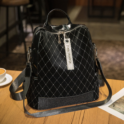 软皮质PU大容量背包镶钻双肩包女士2024新款时尚上班族通勤旅行包