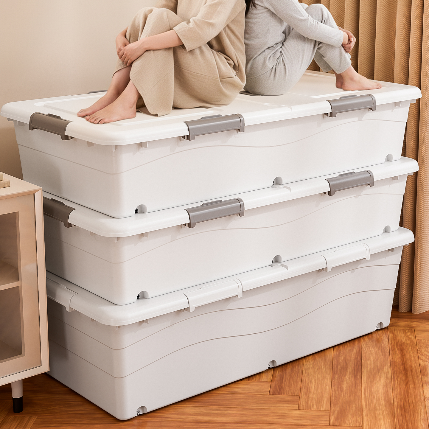 床底收纳箱抽屉式扁平带滑轮