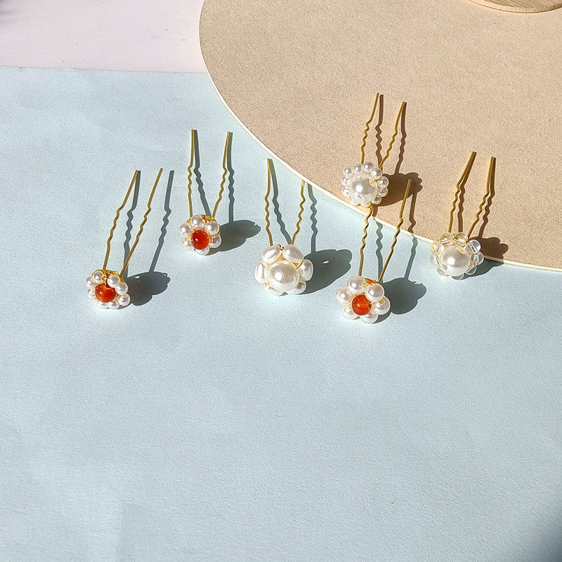 古风头饰小插花U型夹汉服发钗百搭仿珍珠点缀u簪子盘发小花发饰品