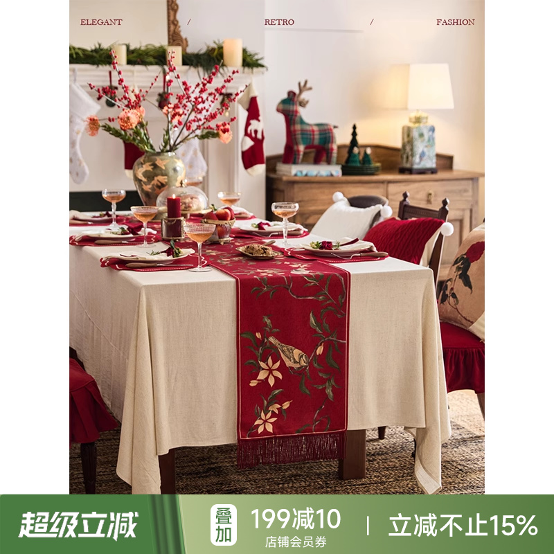 【孤品4折】蜡笔派|中式古典|喧喧鸟鸣桌旗红色氛围感盖布茶几布