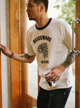 BSIDE NATIVE INDIAN TEE 美式复古米白色重磅短袖男夏季纯棉宽松