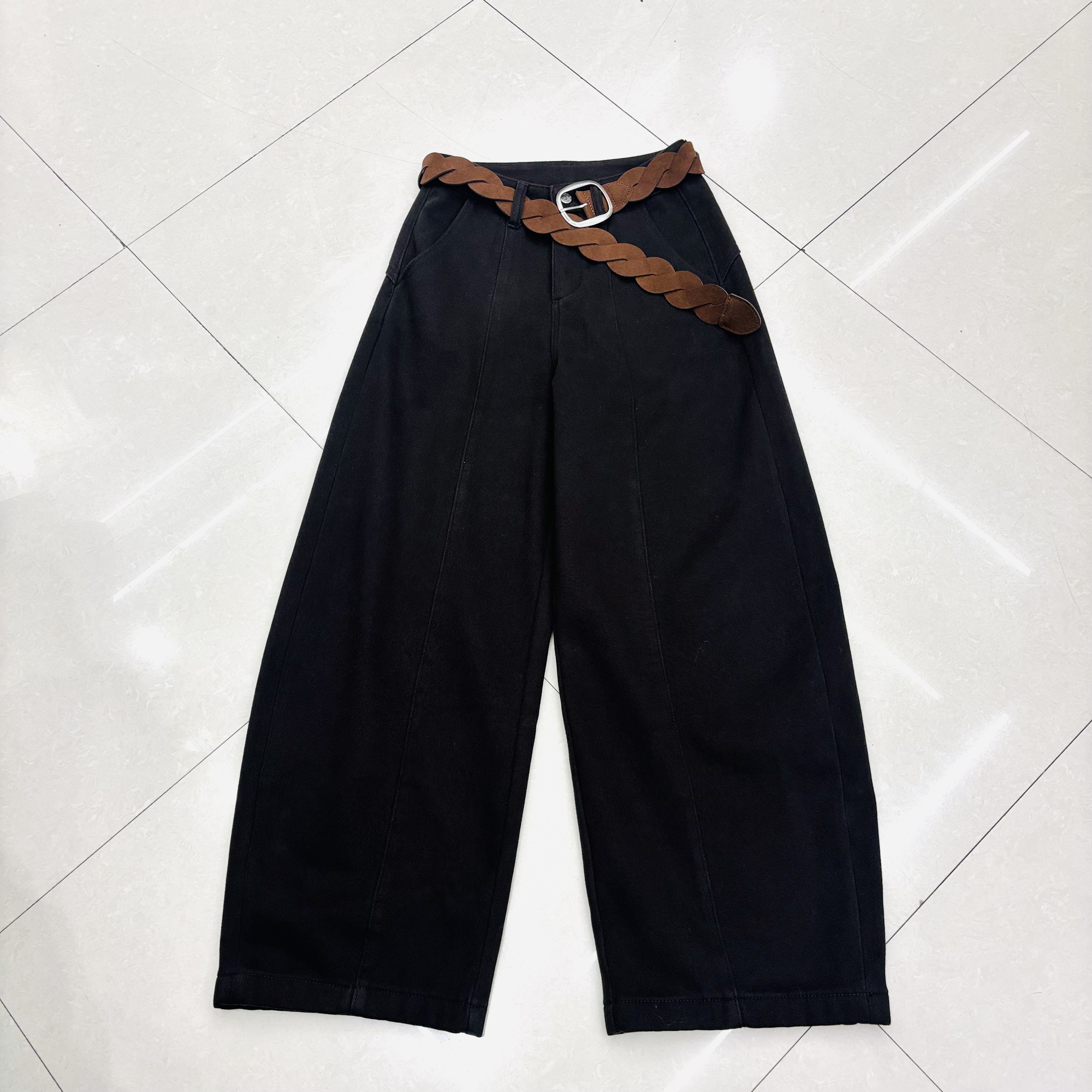 加绒加厚女装搭腰带纯色高腰阔腿舒适修腿型休闲裤3708