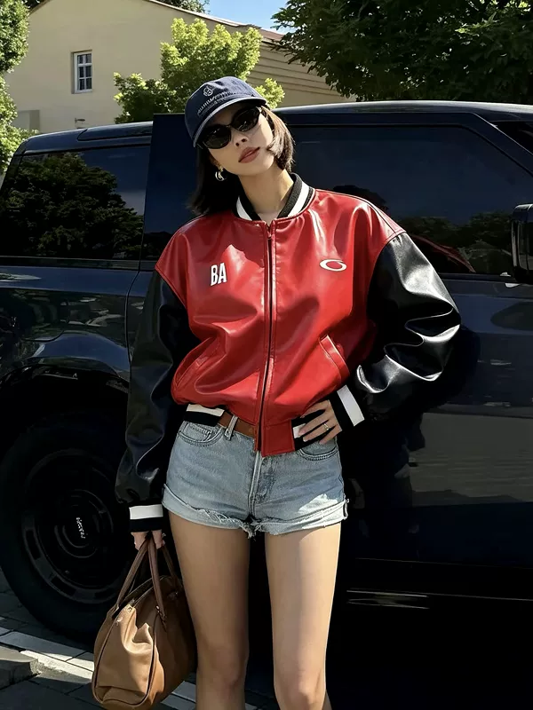 เสื้อแจ็คเก็ตเบสบอลหนัง PU สไตล์วินเทจ