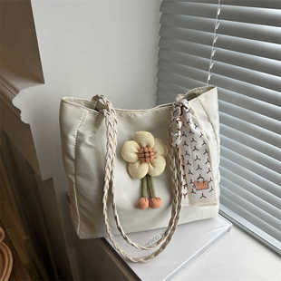 森系单肩手提包包包女2024新款 大容量通勤百搭托特包洋气丝巾挎包