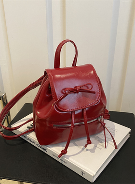 高级感洋气小众红色女双肩包2024新款时尚百搭后背包迷你学生书包