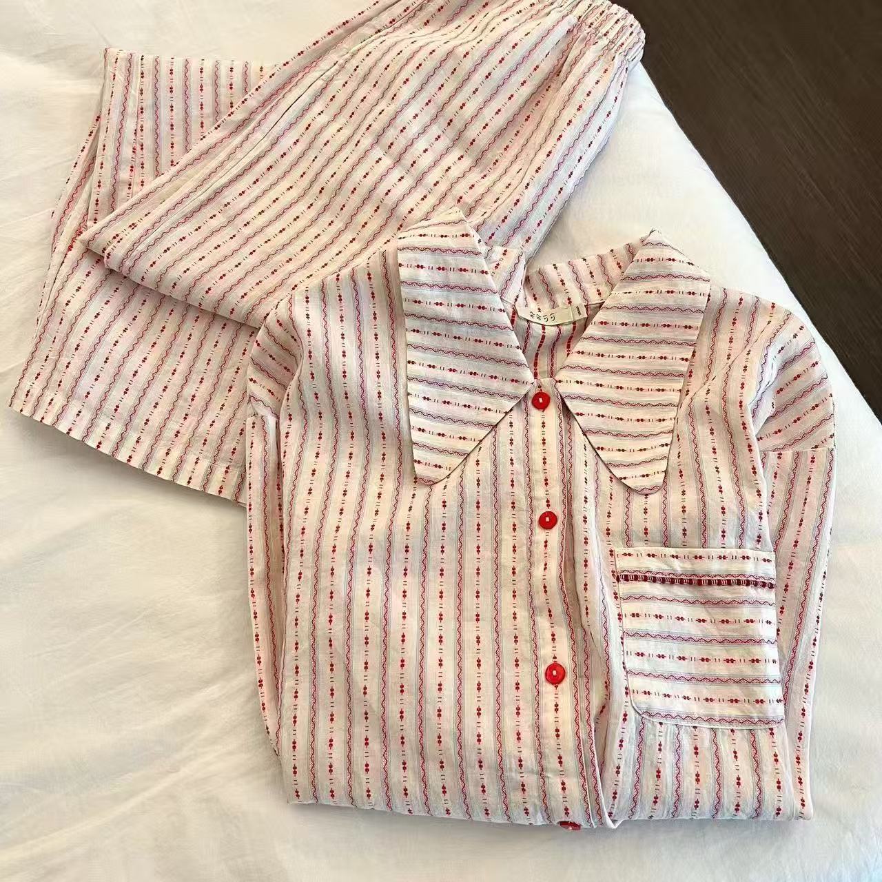 睡衣女士春秋季长袖长裤开衫日系网红款简约风翻领家居服套装