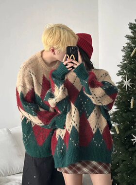 不计后果圣诞毛衣女款秋冬潮牌红色复古格子宽松打底拼接针织衫男