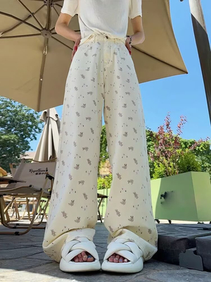 MZVZ高腰白色小熊印花牛仔裤女春秋季设计感小众直筒阔腿拖地裤子