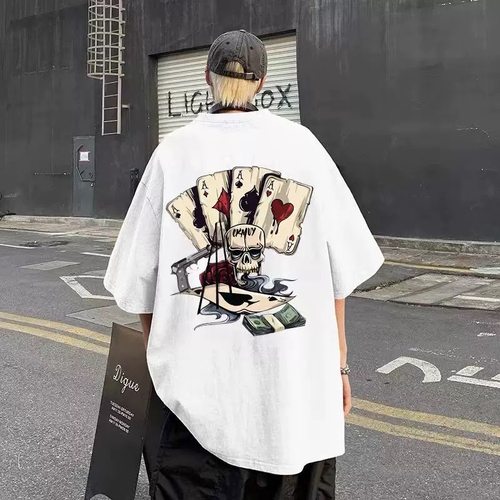 100%纯棉重磅短袖t恤美式男女同款夏宽松暗黑骷髅4A学生半袖男装K