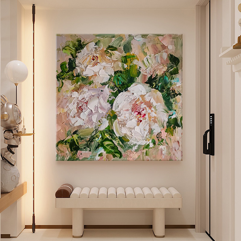 奶油风抽象艺术花卉立体厚油刀画肌理手绘油画客厅装饰画玄关挂画