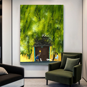 柳树风景玄关写意挂画现代简约客厅抽象大树纯手绘油画绿色装 饰画