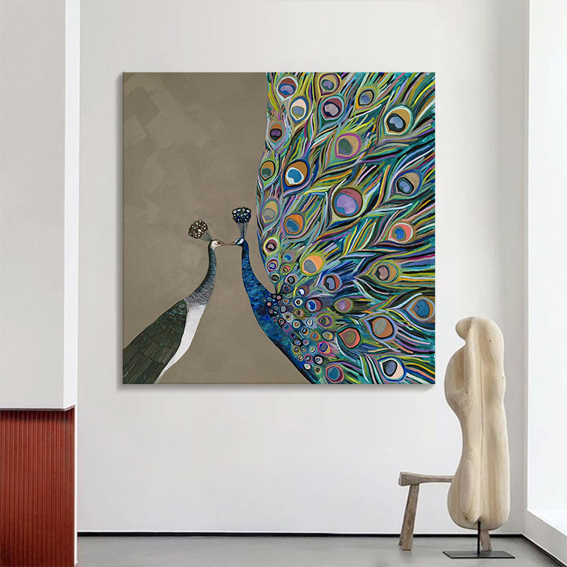 法式复古风孔雀开屏纯手绘玄关油画吉祥鸟客厅装饰画客厅餐厅挂画