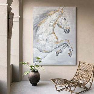 马到成功手绘油画客厅白色骏马装饰画玄关抽象动物肌理画金箔挂画