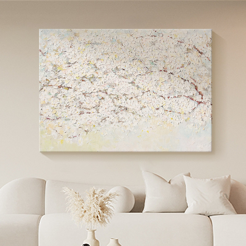 白色梨花手绘油画奶油风客厅装饰画抽象艺术花卉肌理画高级感挂画