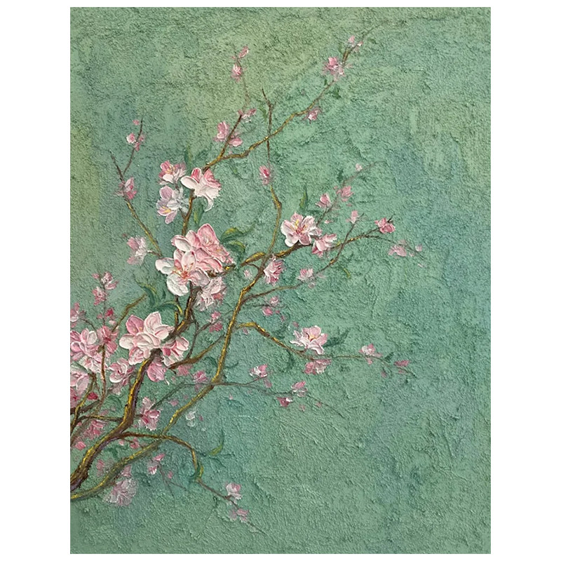 粉色桃花纯手绘油画侘寂风玄关装饰画客厅抽象绿色石英砂肌理挂画