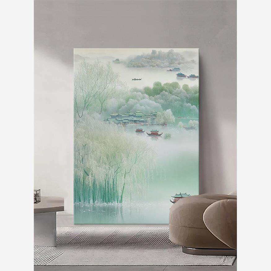 湖水船纯手绘油画入口装饰画客厅新中国风绿色山水风景质感画挂画