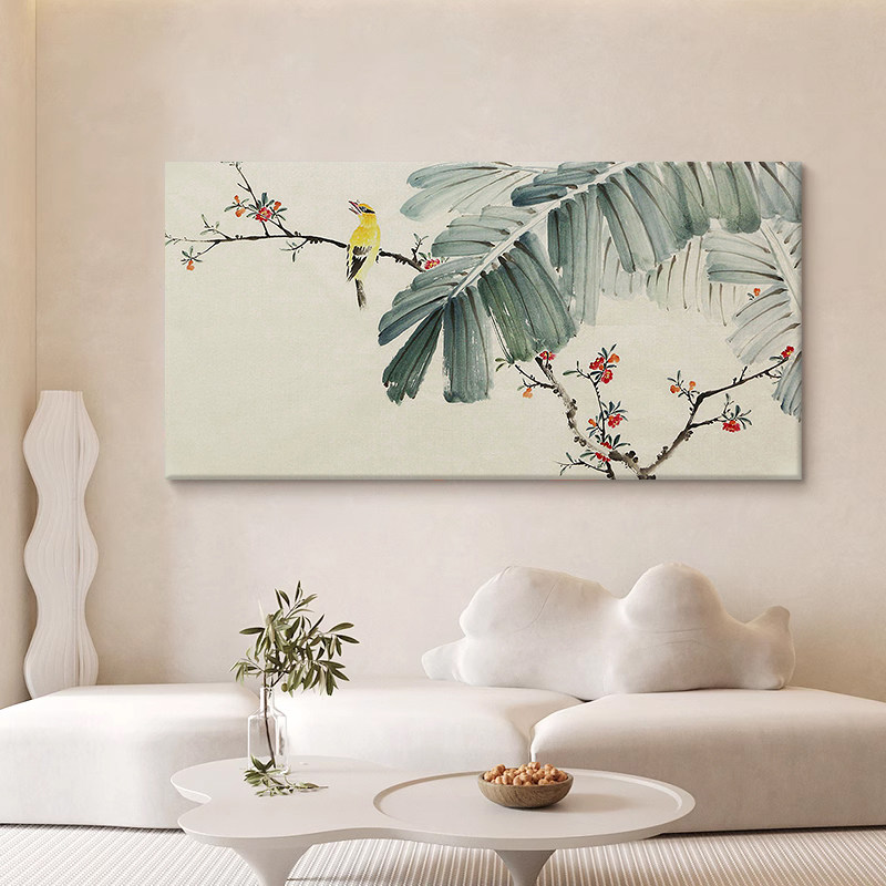 中式国风家大业大芭蕉叶手绘油画花鸟图客厅装饰画书房黄鹂鸟挂画