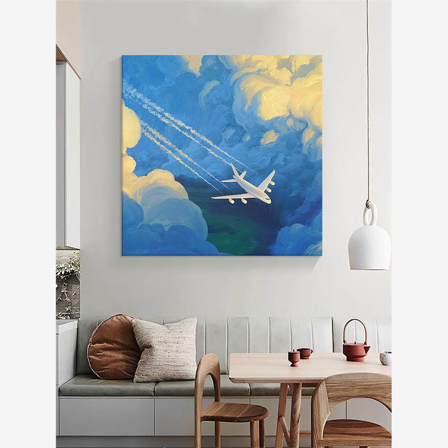 抽象白云朵大芬村手绘油画客厅儿童房卡通飞机装饰画玄关肌理挂画