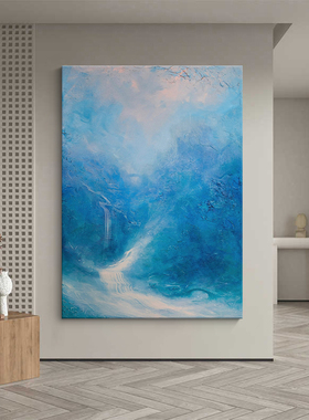 流水生财抽象风景客厅装饰画蓝色山水肌理手绘油画高级感玄关挂画