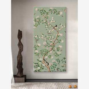 海棠花纯手绘油画快乐树枝入口装饰画客厅抽象喜鹊绿丙烯画挂画