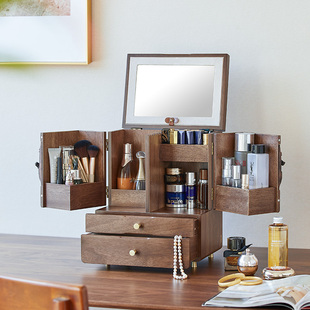 化妆品收纳盒木质桌面梳妆台高级感抽屉家用防尘带镜子一体首饰盒