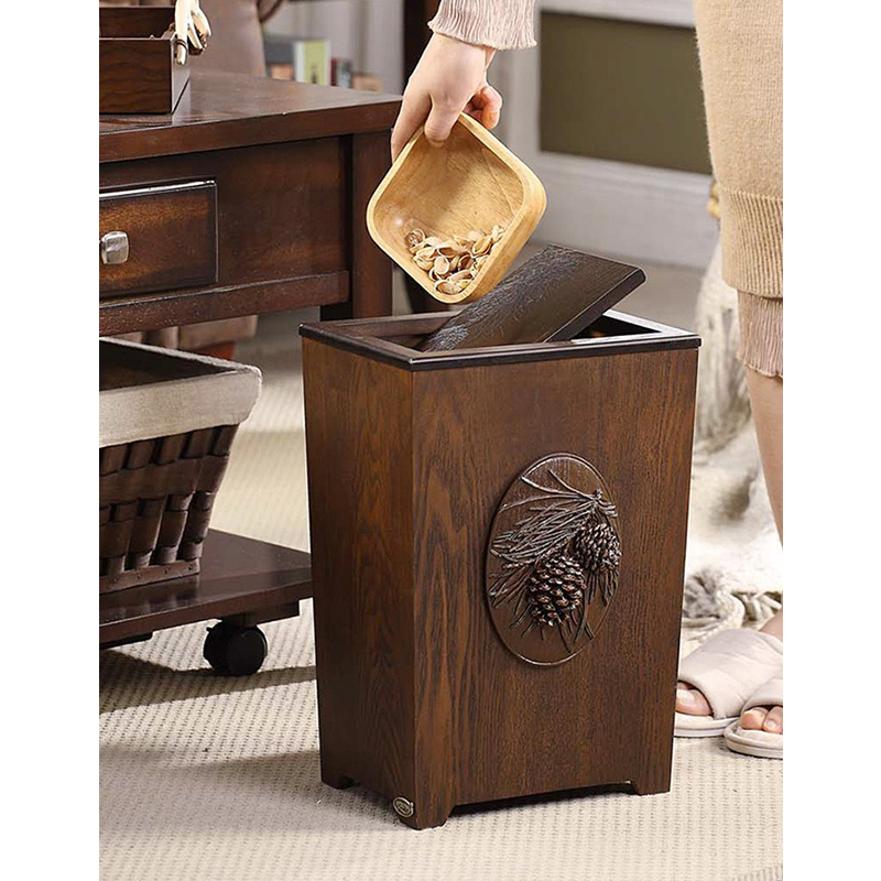 新中式高颜值木质客厅带盖垃圾桶