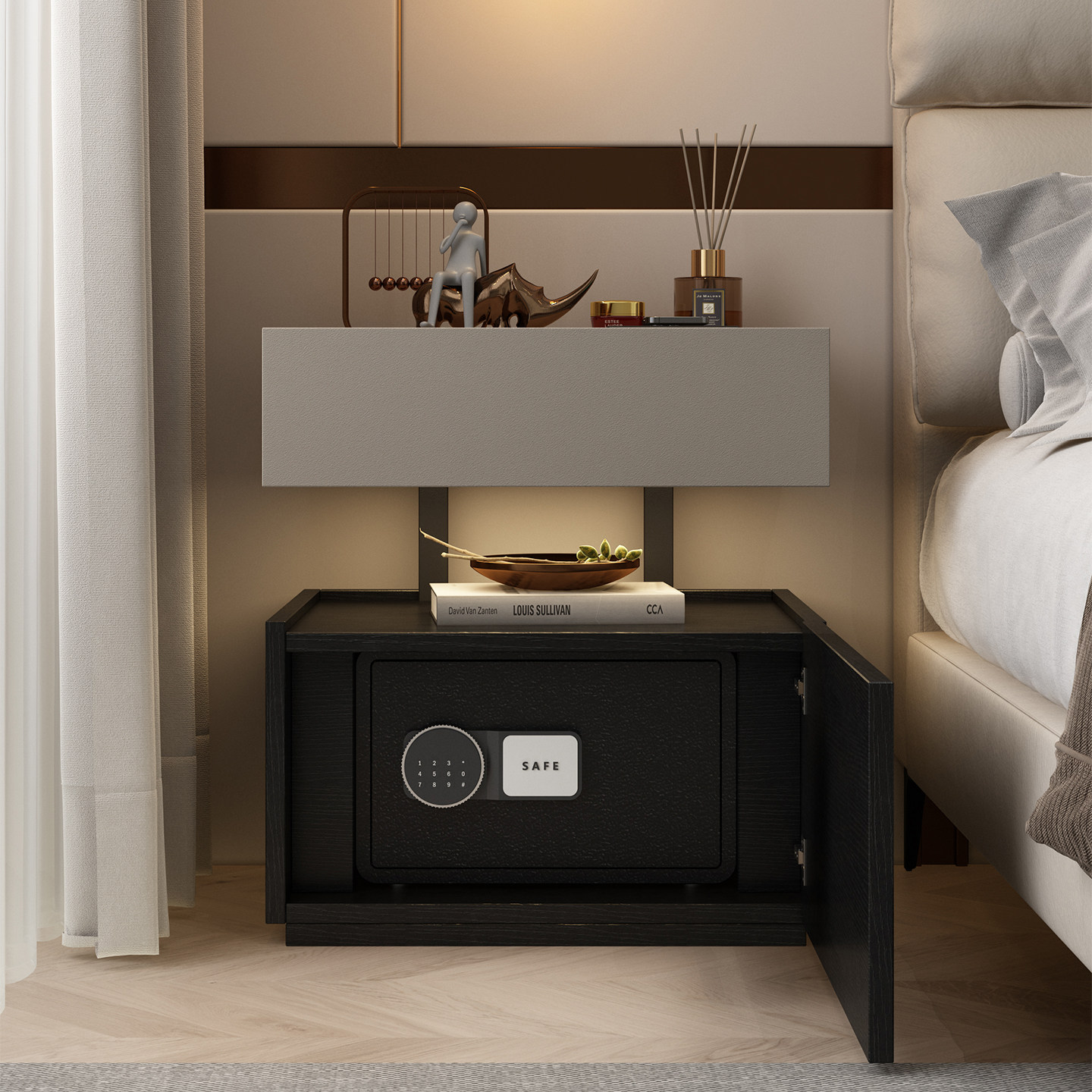 现代简约多层实木床头柜保险柜现代卧室家用收纳柜子储物柜床边柜,住宅家具,床头柜,淘宝优惠券,粉丝福利购,淘宝优惠卷