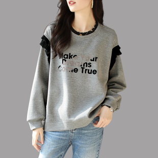 显瘦感烫钻0320z 洋气宽松大码 春夏女士灰色卫衣2026早新款 时尚