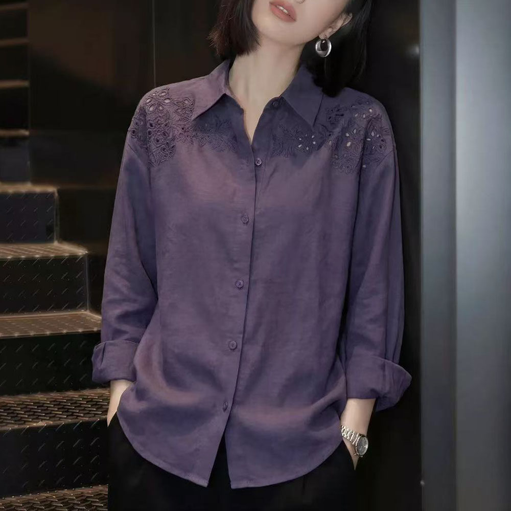 春夏紫色衬衫女长袖2026新款减龄宽松休闲显瘦钩花上衣0323z
