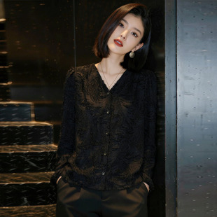 减龄宽松大码 春夏黑色V领长袖 时尚 女2026新款 显瘦感上衣0319z 衬衫