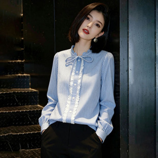 春夏蓝色条纹衬衫 洋气减龄宽松显瘦木耳边上衣0321z 女士2026新款