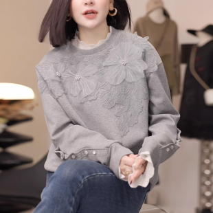 圆领无帽0320z 洋派减龄宽松大尺码 春夏灰色女士2026新款 时尚